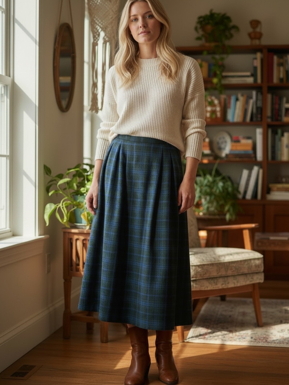 Pendleton Wool Plaid Midi Skirt Sz 15 Green Blue Classic Modest Academia